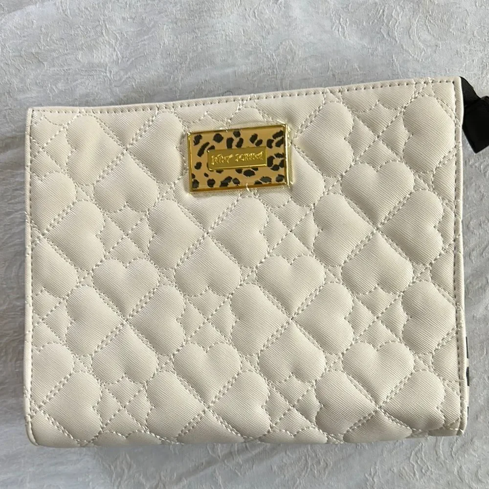 Betsey Johnson Cream Quilted Heart Clutch Cheetah Print